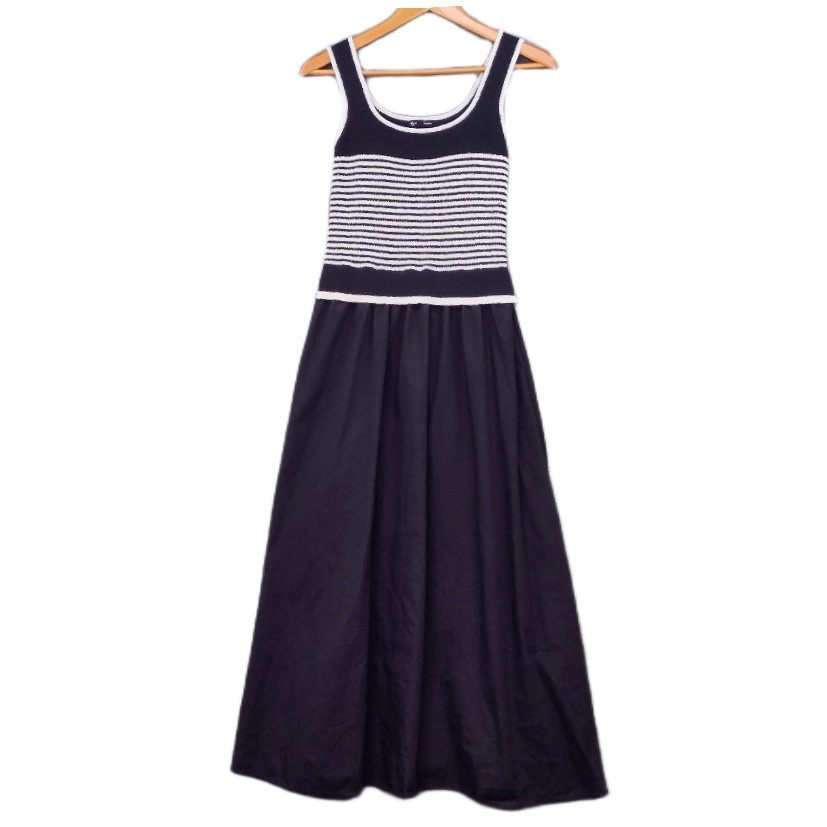 By the River Dress Small Black Midi Knit Stripe Sleeveless Full Cotton Skirt