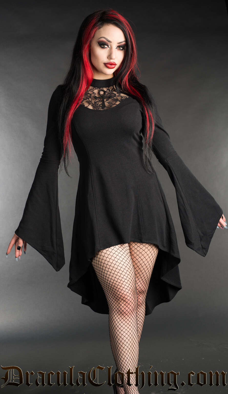 Dracula Clothing Ankh Cross Lace Bell Sleeve Goth Punk High Low Dress 29-14-ABC