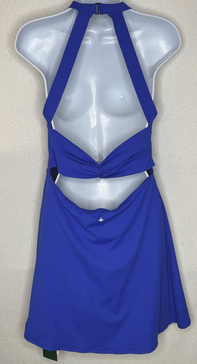 Halara Solid Blue Large Backless Twist Athleisure Dress Shorts Pockets Romper