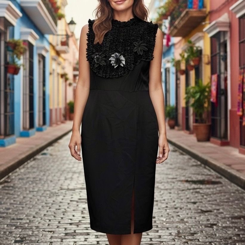 Spiegel Ruffle Floral Sheath Dress Womens 14 Black Silk Blend Formal Cocktail