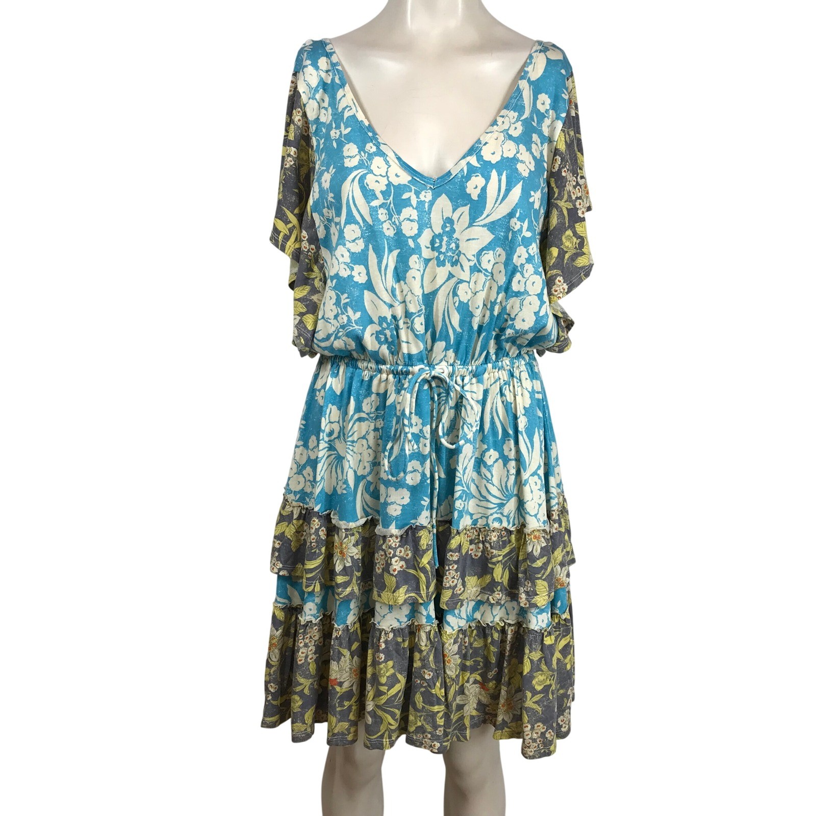 Daily Practice Anthropologie Floral Tiered Mini Dress Blue Grey Boho Small