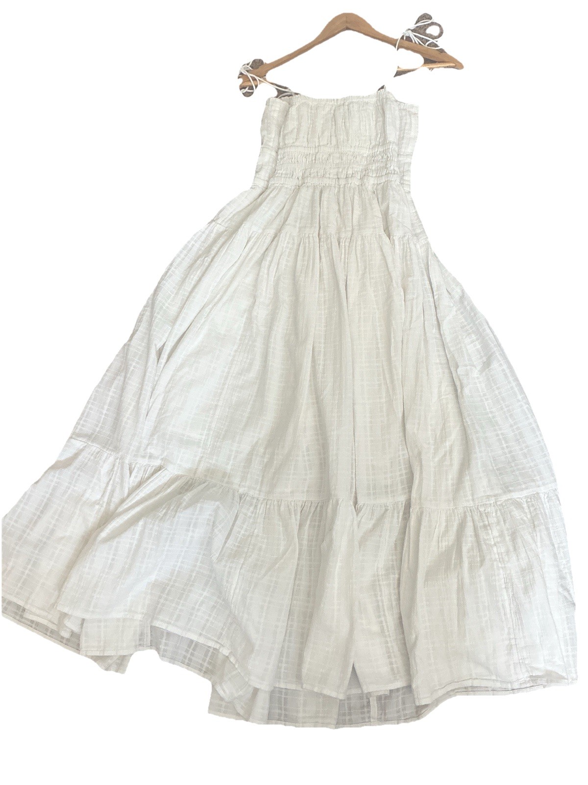 J.Crew Cotton Maxi Dress M Smocked Tie Strap Tiered Lined Boho Flowy Dress