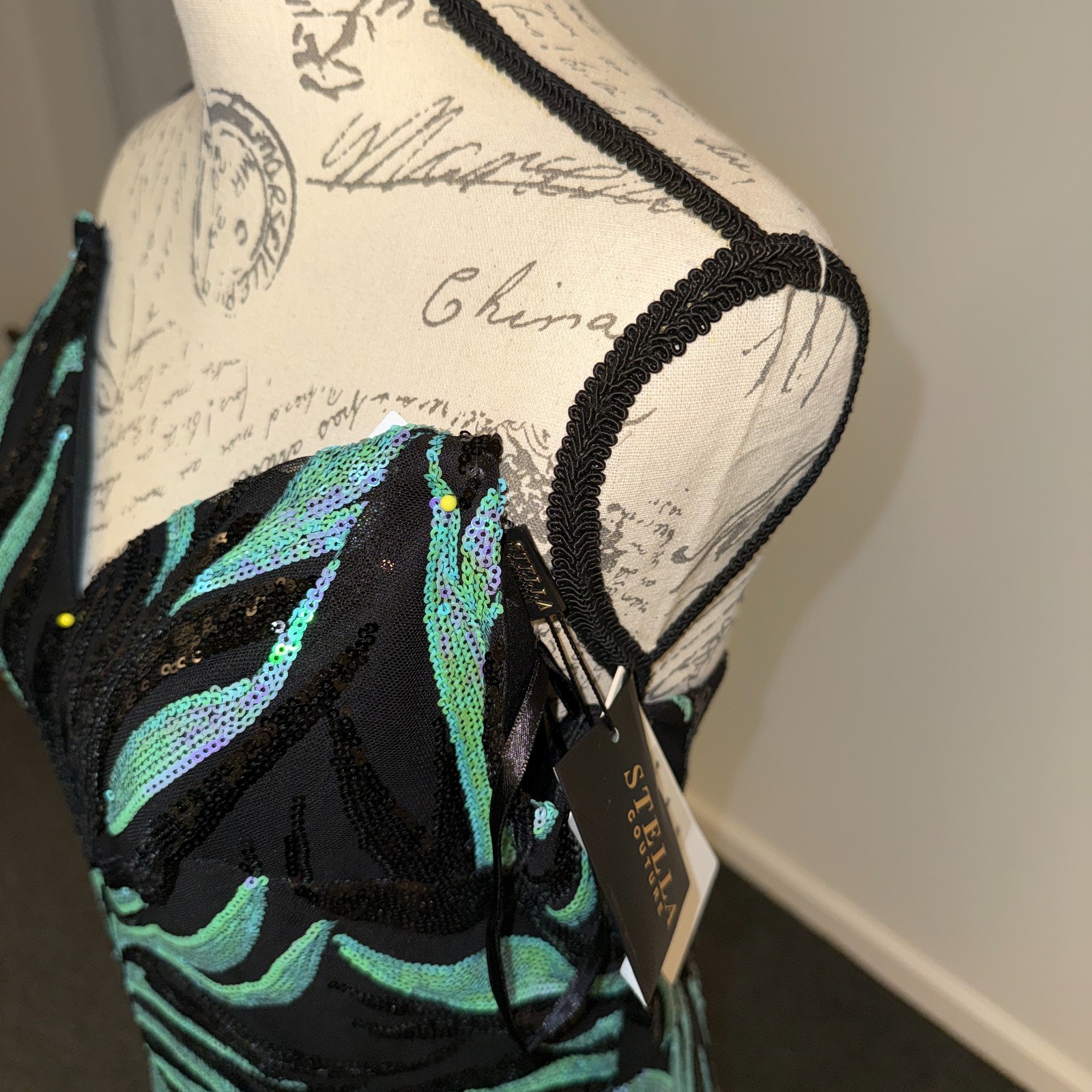 Stella Couture Black Teal Sequin Strapless Mermaid Gown Sweetheart Long Train