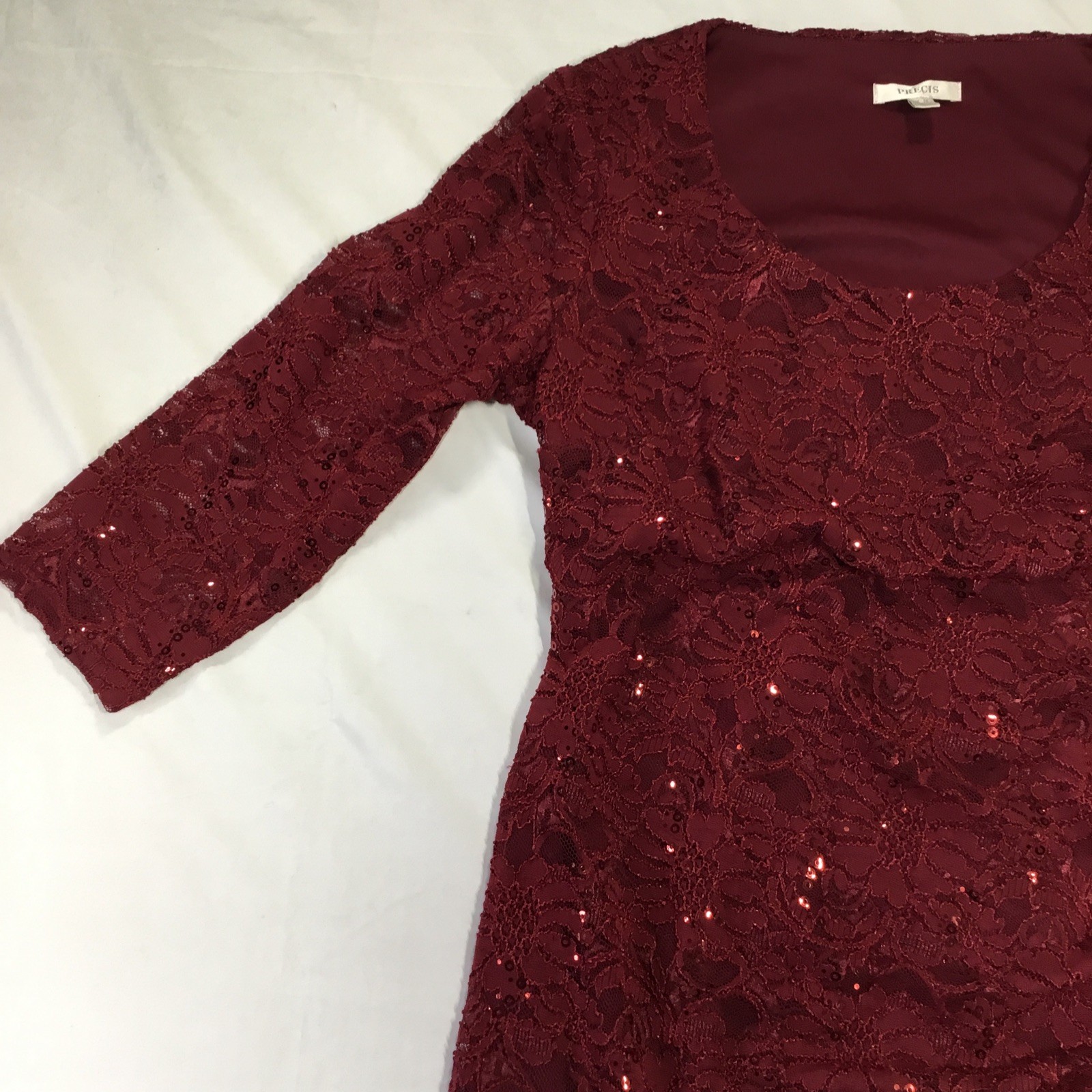 Precis Red Lace Floral Sequin Sleeve Knee Dress UK 14