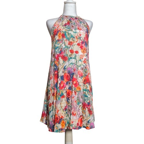 Tinley Floral Halter Swing Dress Rayon Boho Cottagecore Garden Party Size L