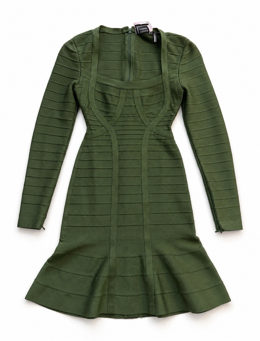 Herve Leger Green Bandage Bodycon Dress Square Neck Long Sleeve Zip Back XS-Med