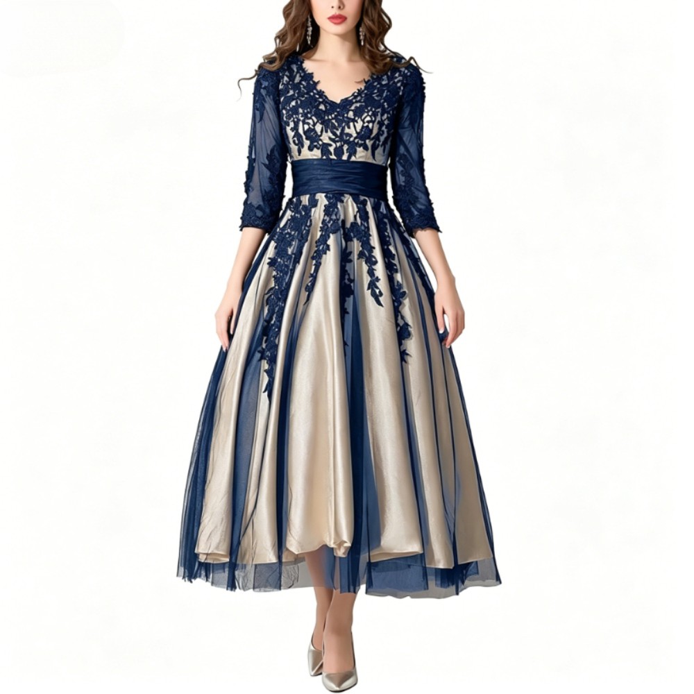 Navy Blue Floral Lace 3/4 Sleeve V Neck Dress Satin A Line Mother Of Bride Gowns