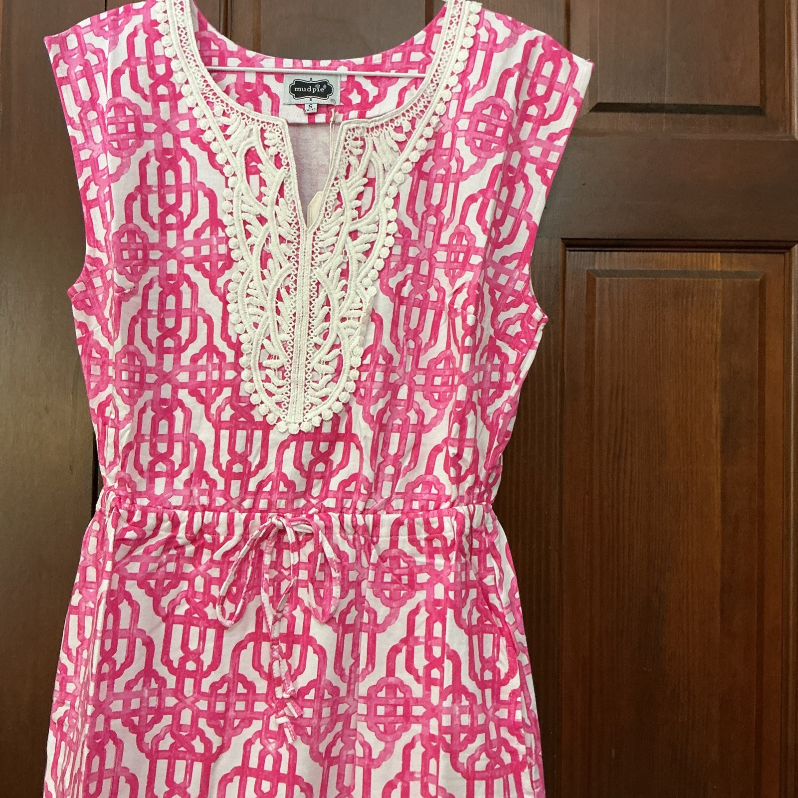 Pink Print Embroidered Dress By Mud Pie, Size Small, NWT