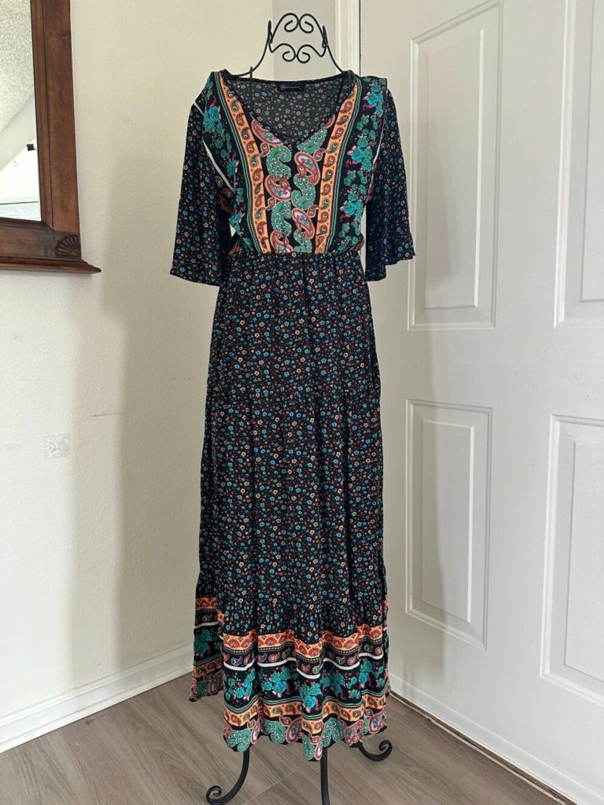 PrettyGarden Black Boho Floral Paisley Maxi Dress Size S Flutter Sleeve