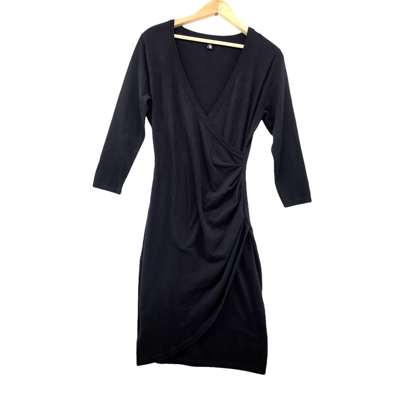 Linea Domani Womens Dress Faux Wrap Black Knit Pencil Midi Bodycon Size S