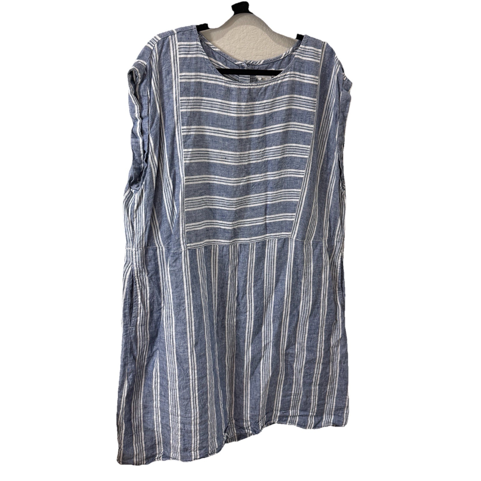 Caslon Womens Blue White Striped 100% Linen Drop Waist Dress Coastal Vacation 1X