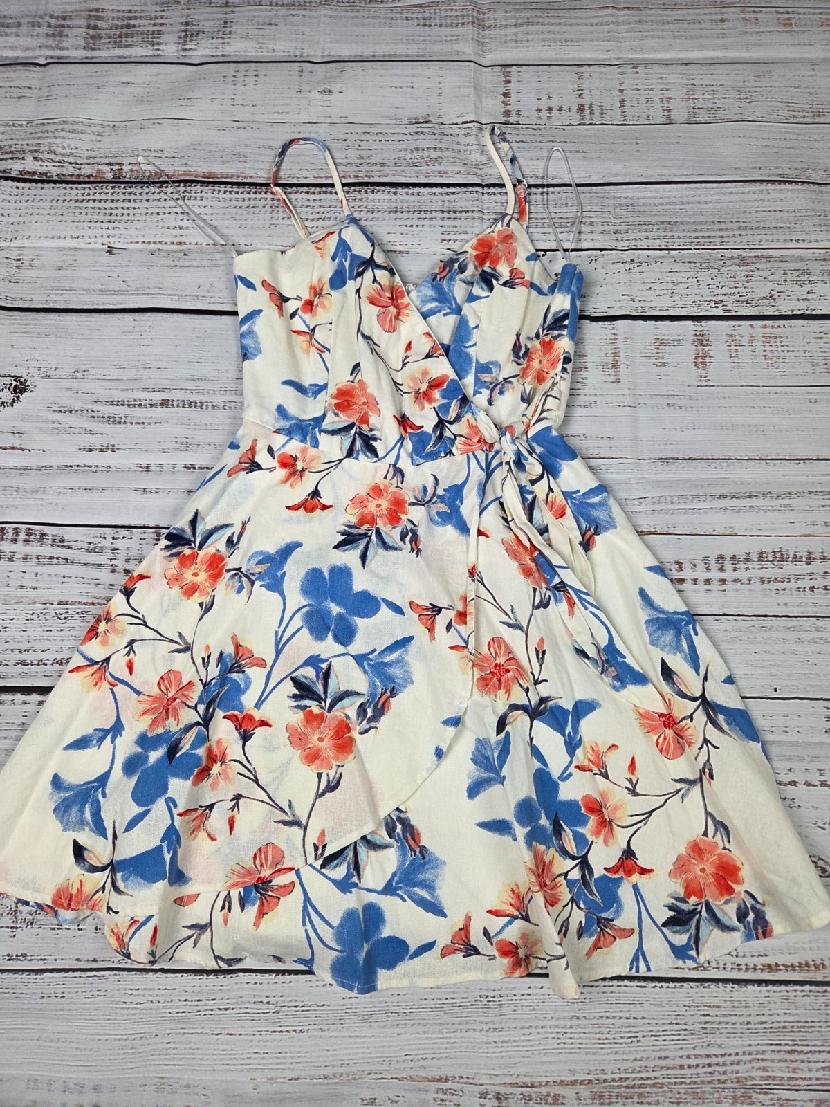 Francescas Mi Ami Floral Cream Blue Pink Spaghetti Strap Sundress, Size Small