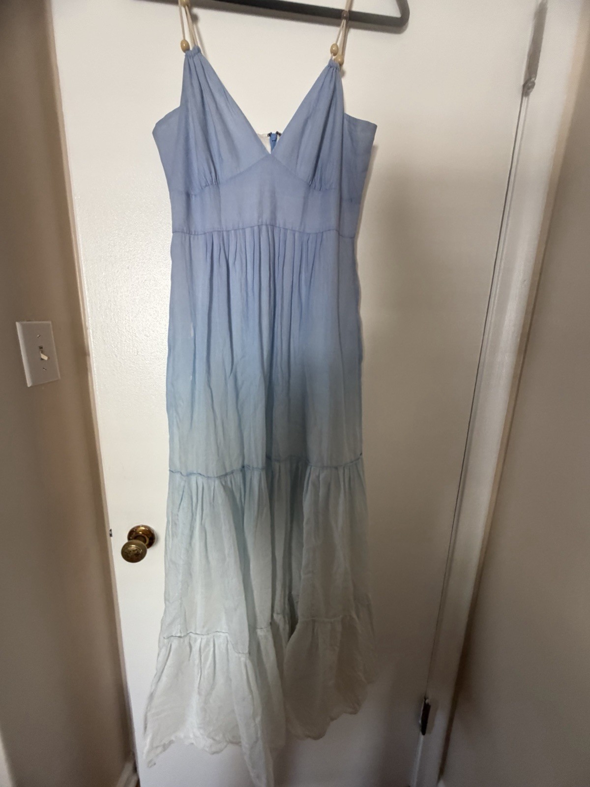 ELIE TAHARI $480 Ombre Blue Cotton Maxi Dress Beads Sz 8 SALE