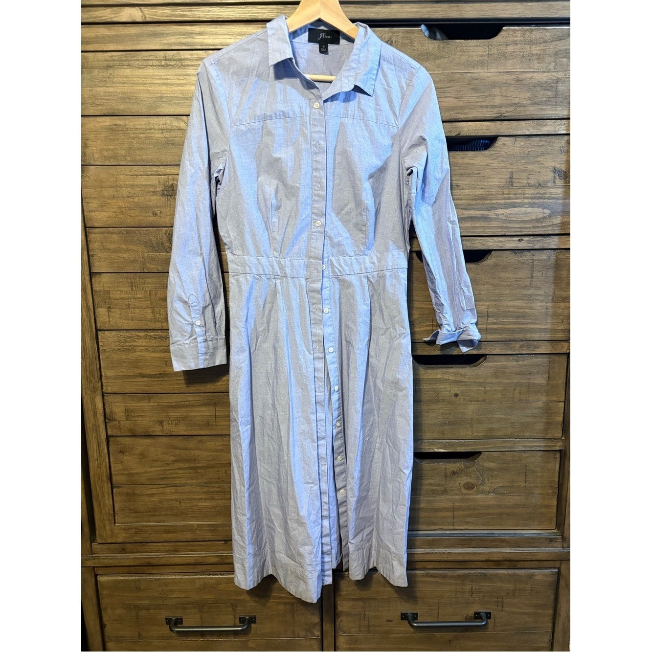 J.Crew Light Blue Button Front Midi Shirt Dress Size 6 Cotton Poplin Long Sleeve