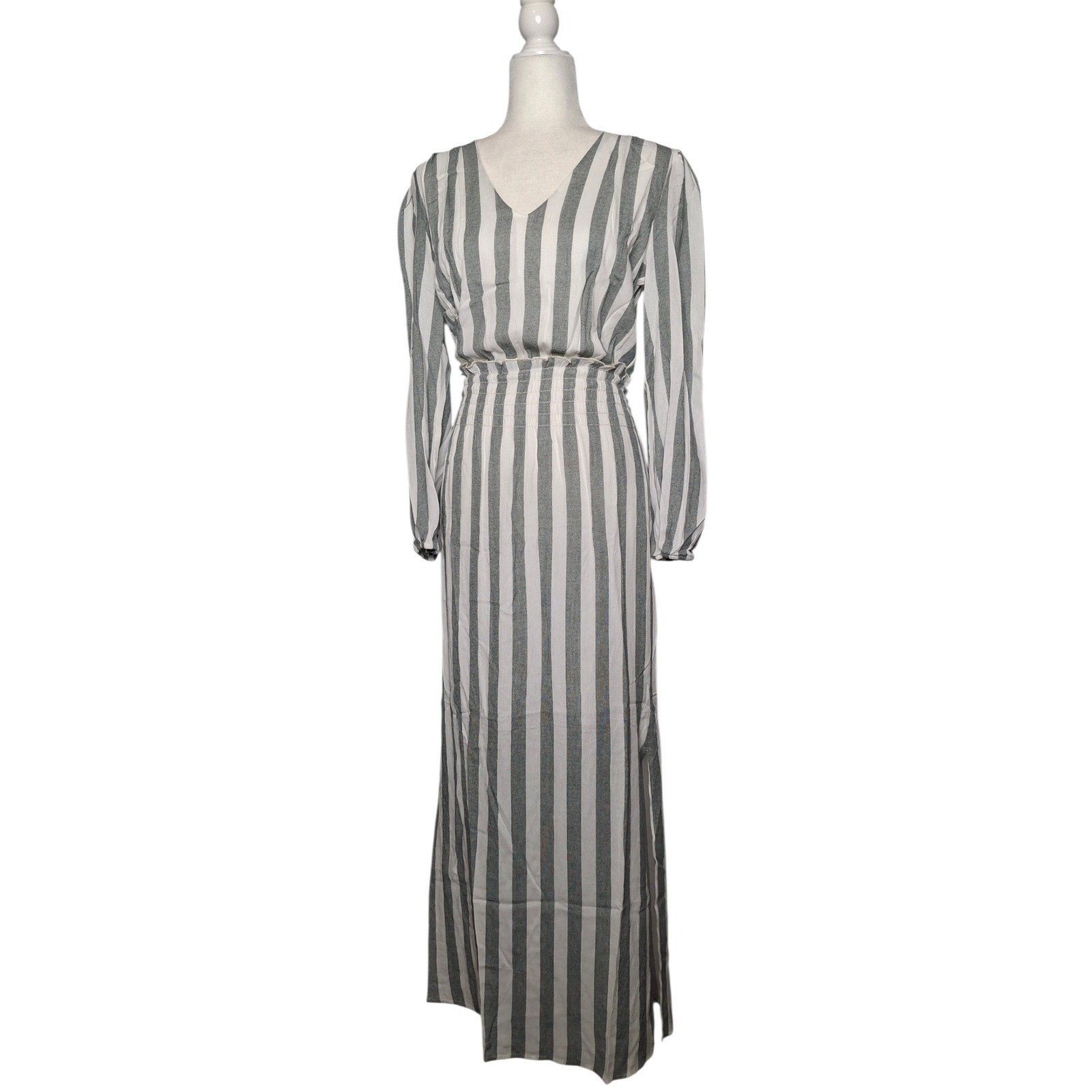 Fraiche by J Forest Green White Striped Smocked Waist Maxi Dress S FD 2662ST