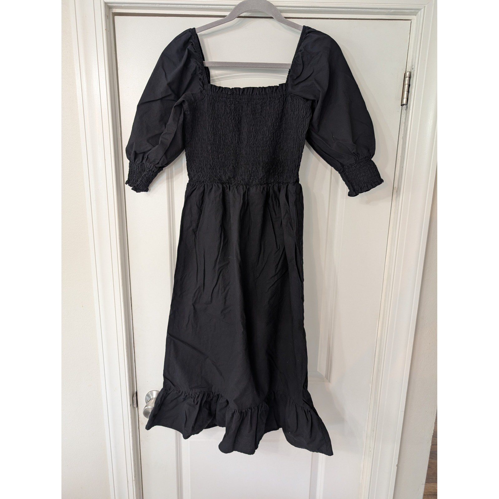 Sim & Sam Womens Black Smocked Puff Sleeve Cotton Midi Dress medium Ruffle Hem