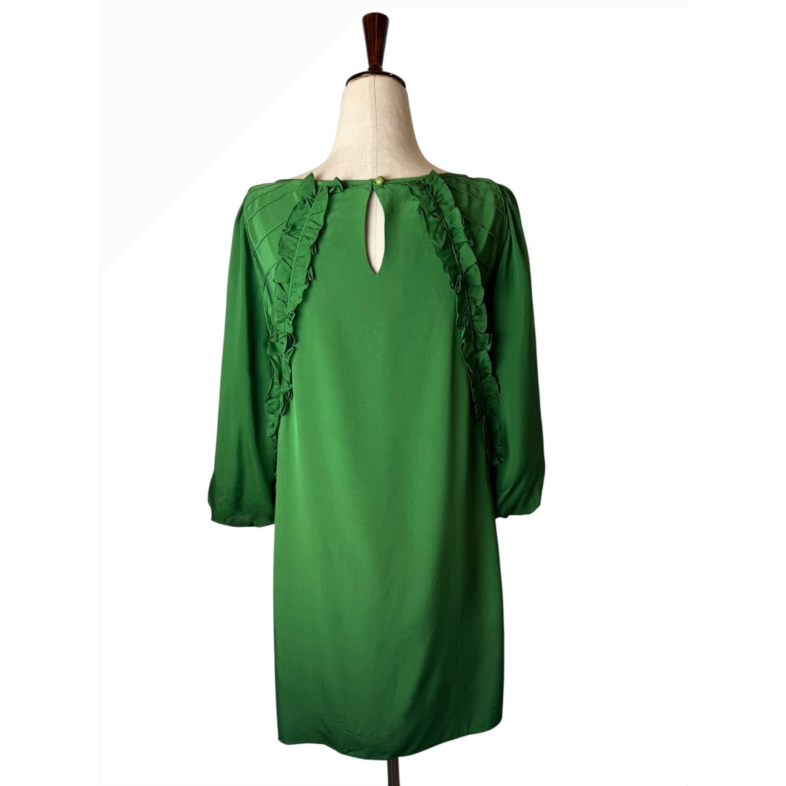 Tibi Silk Shift Dress Women 4 Green Ruffle Pintuck Puff Sleeve Luxury Silky