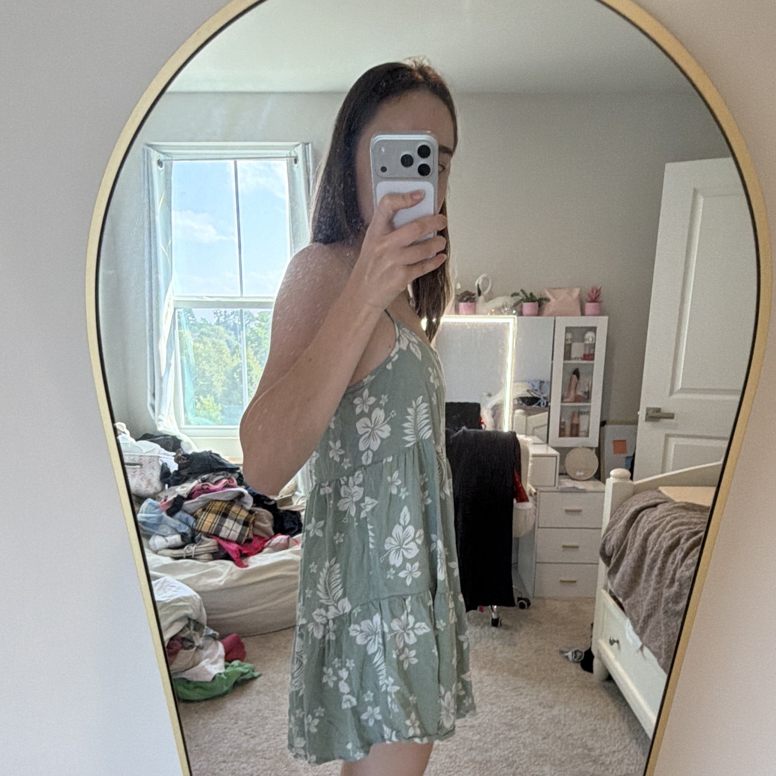 Green White Floral Tiered Sundress Square Neck Adjustable Straps Women’s XS