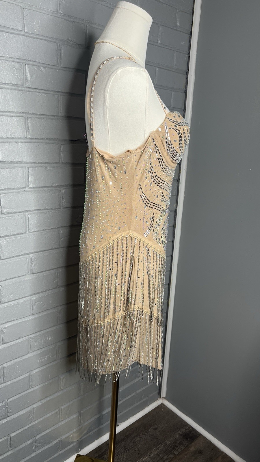 Banjul Nude Rhinestone Sparkly Fringe Layer Midi Sleeveless Dress Size Large