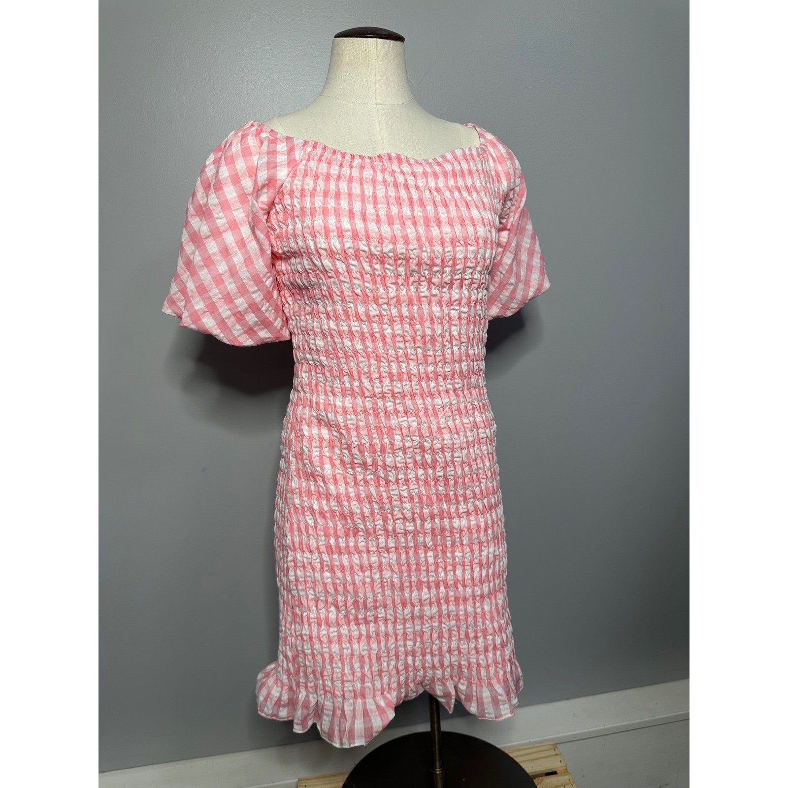 Pink Lily Gingham Smocked Pink Mini Dress Short Puff Sleeve Ruffle Hem Womens L
