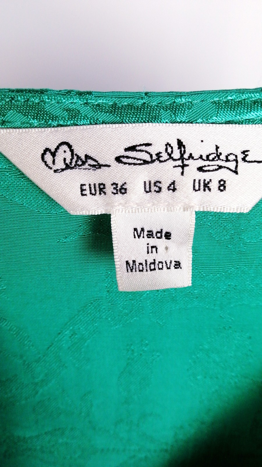 MISS SELFRIDGE Green Satin Jacquard Midi Dress Wrap Front Sz EU 36 UK 8 US 4