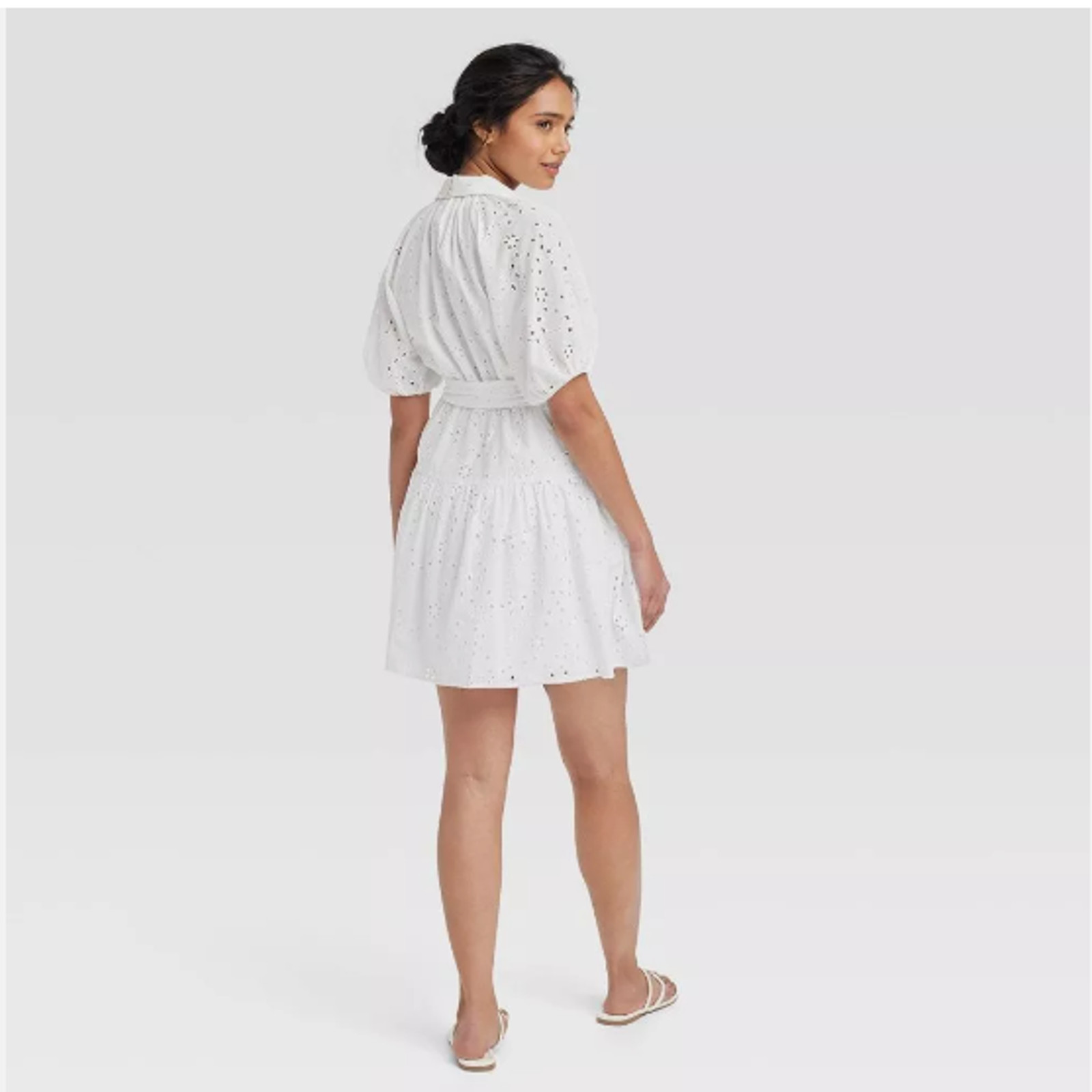 Eyelet Balloon Short Sleeve Mini Shirt Dress Sz Small NWT White A New Day