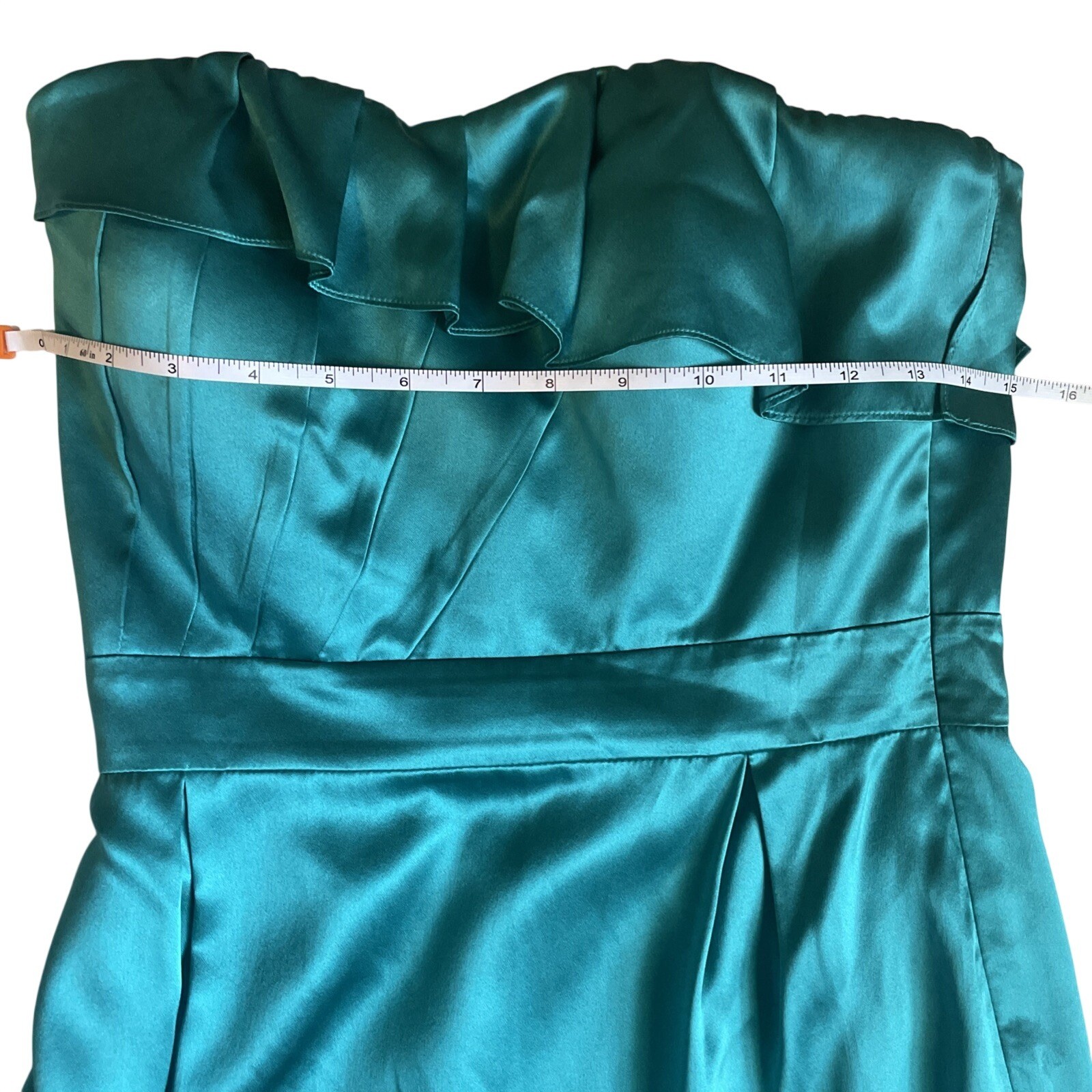 100% Silk Women Sz 2 Teal Strapless Mini Ruffle Neckline Dress 🩵 Party Cocktail