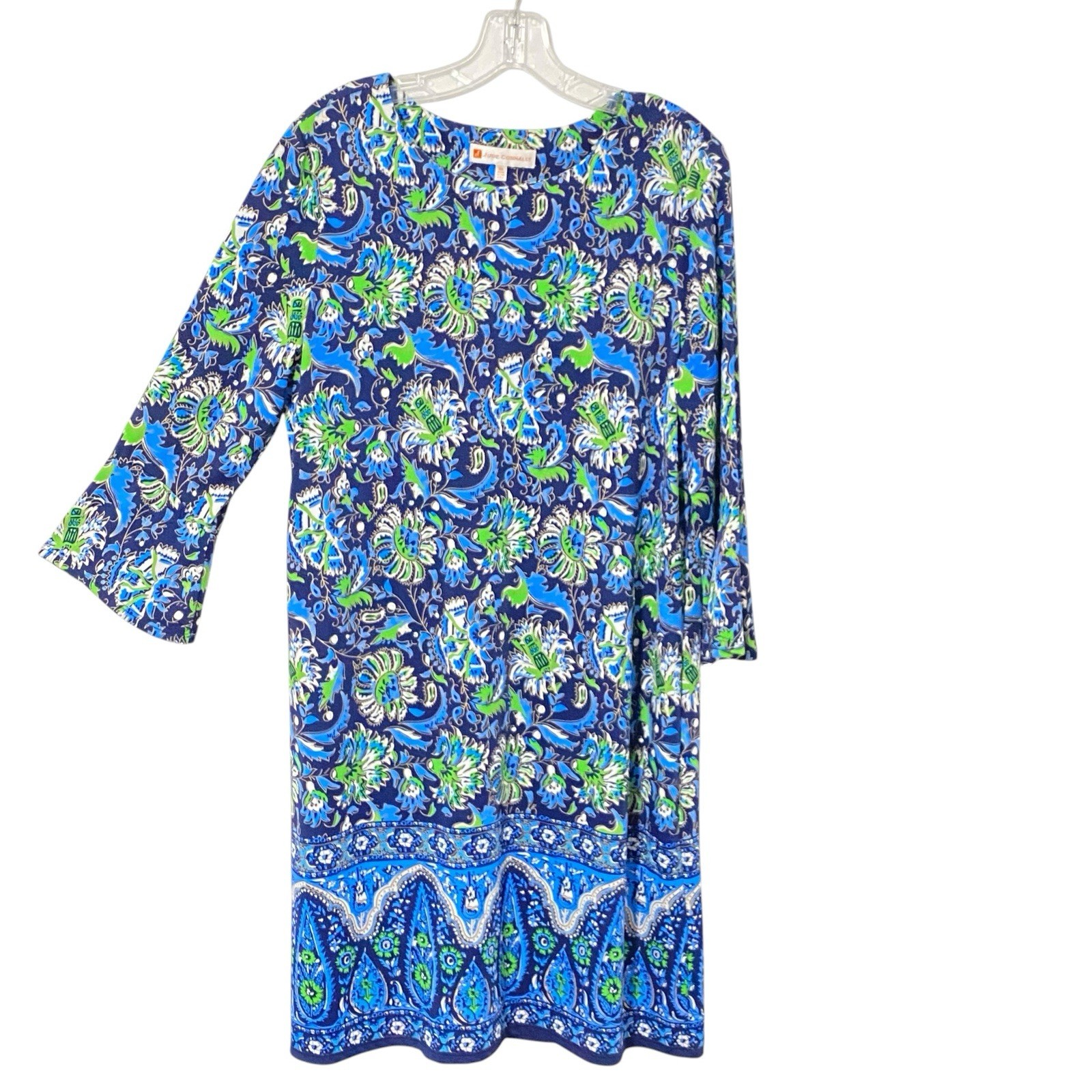 Jude Connally Dress XL Blue Green ABSTRACT FLORAL Resort Stretch Knee Length