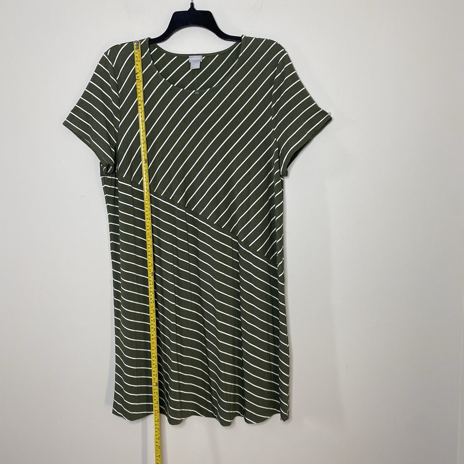 Chico’s Spliced Striped A Line Stretch Dress Sage Green White Size 4 U.S 20/22
