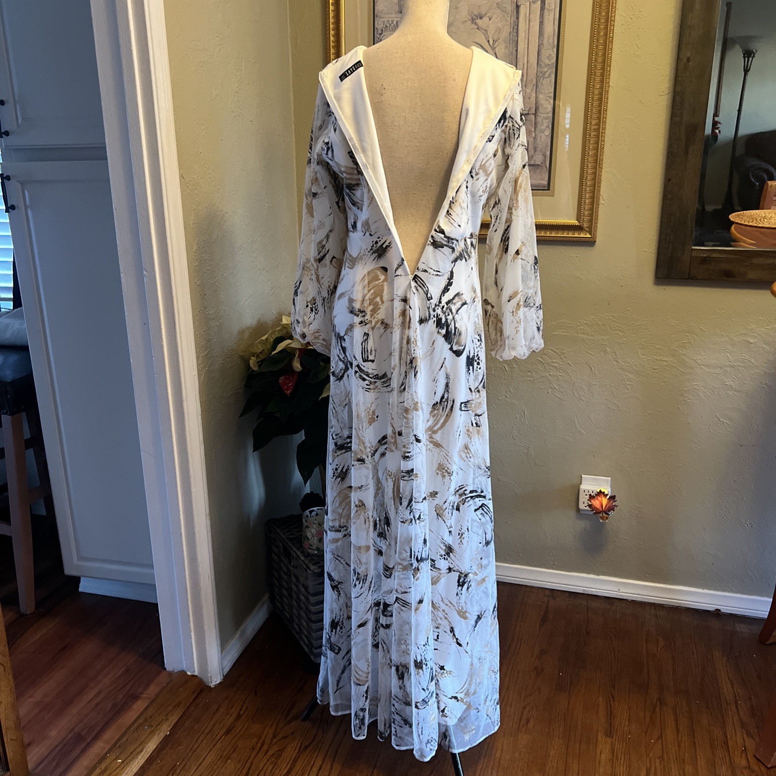 By Saygı Lined Patterned Long Tulle Dress White-black, Beige Color Size US XL