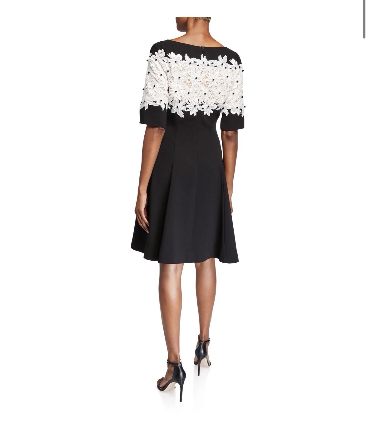 Shani Black/White Solid Lace Beaded A-Line Knee Dress 3/4 Sleeve 10 S-2140