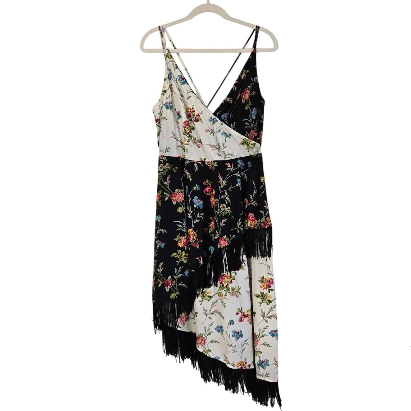 ASOS Design Tall Fringe Cami Midi Dress Mixed Floral Print Black Tiers Size 14