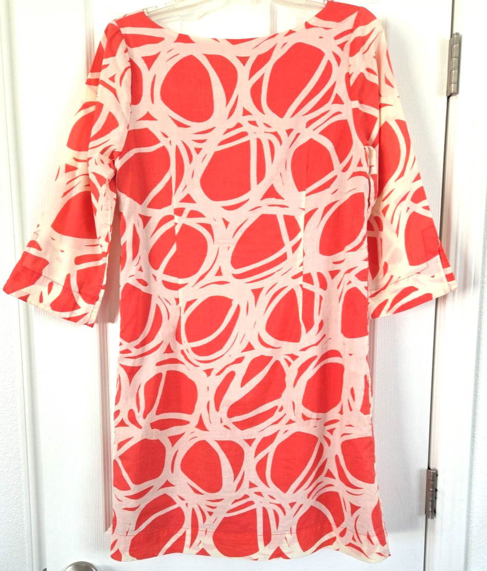 Lesley Evers Geometric Swirl 3/4 Sleeve Shift Dress Coral Pink Ivory Beach sz M