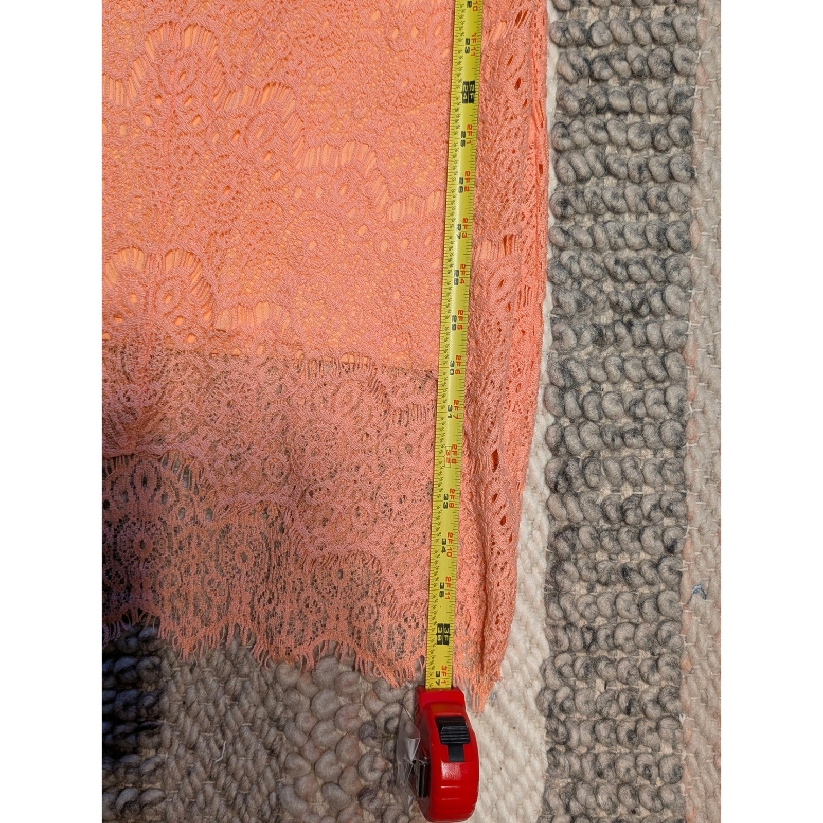 Dulcie Peach Lace Sheath Dress Cap Sleeve High Low Hem Coral Medium