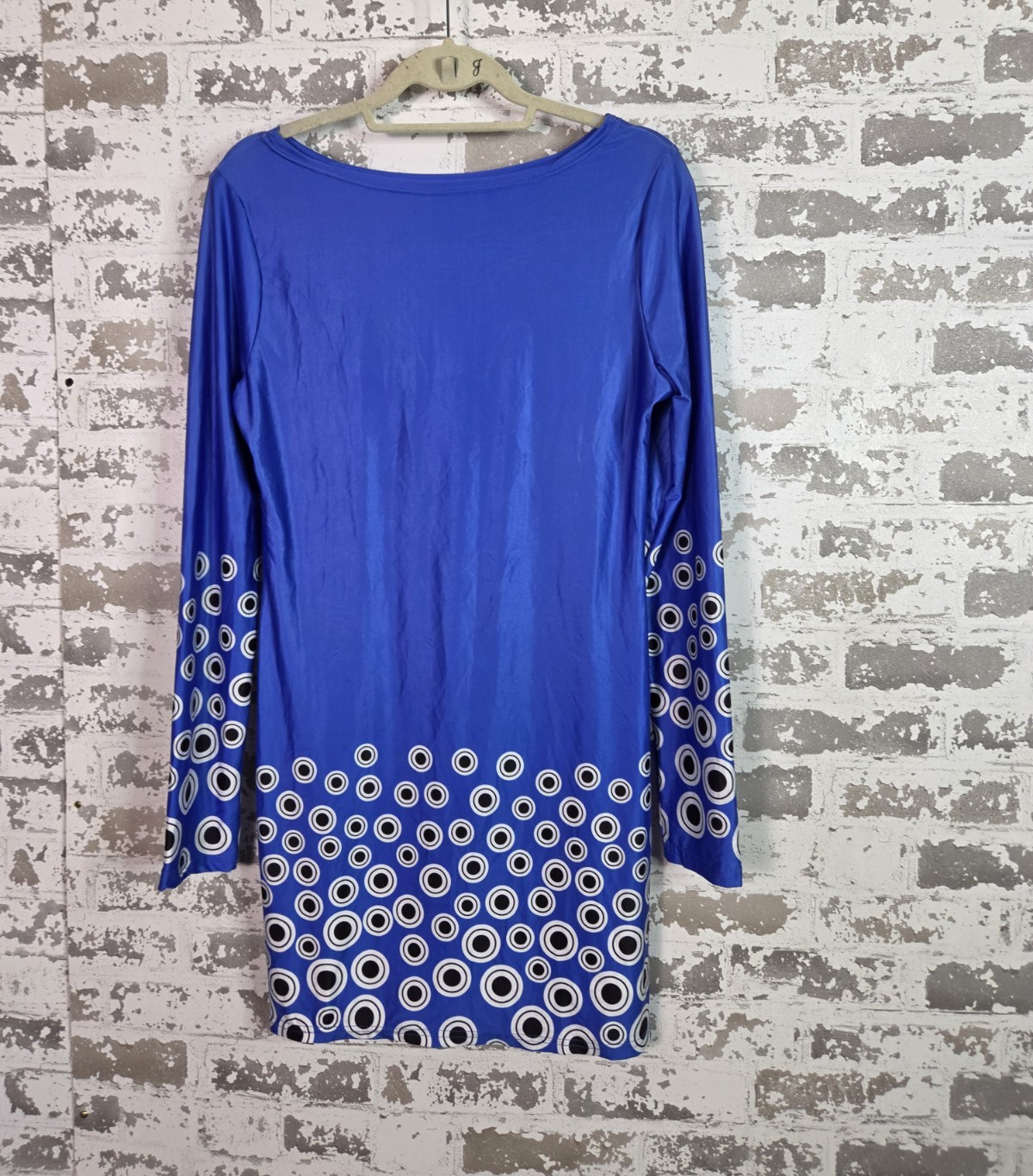 Blue Geometric Print Boat Neck Long Sleeve Jersey Shift Dress Women’s M