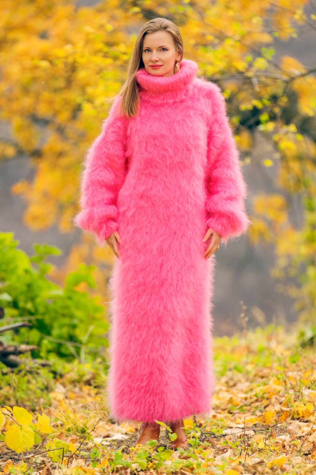 Fuzzy pink long mohair dress designer warm fluffy hand knit gown SuperTanya L-XL