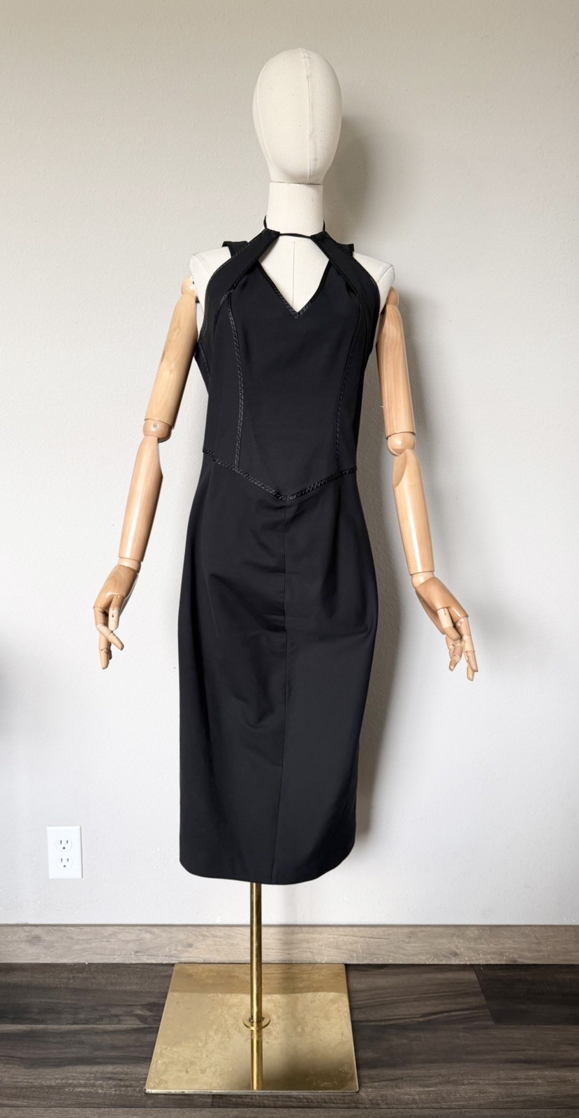SPORTMAX Max Mara Sz US 12 Black Cotton Silk Trim Halter Pencil Midi Dress