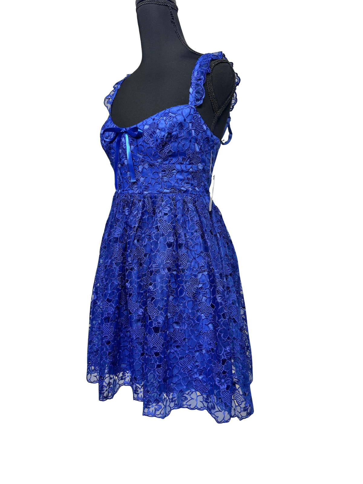 Anthropologie Ruffle-Strap Corset Lace Mini Dress XXS Blue Bow Sweetheart NWT