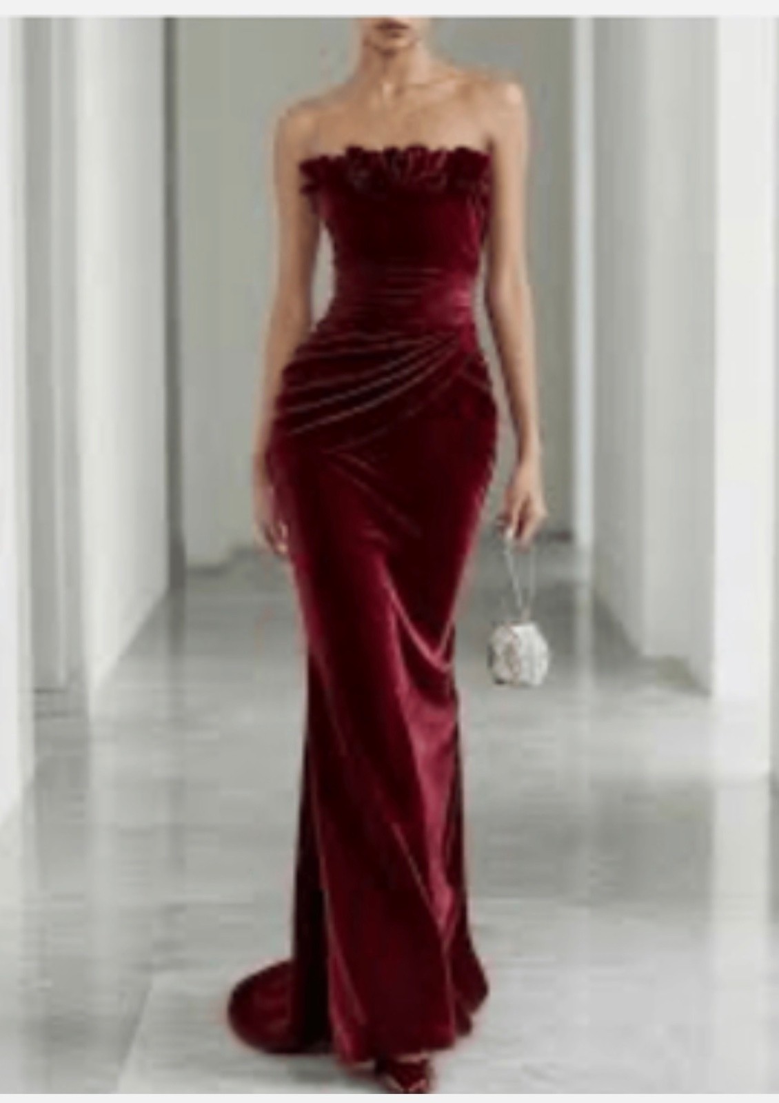NWT FEHAUTE Maxi Gown Dress 6 Wine Red Velvet 3D Floral Strapless Sheath Ruched