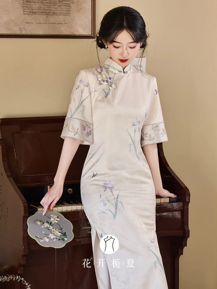 A44-1 Chinese Style Qipao Dress Women Short Sleeve Floral Cheongsam Elegant Maxi