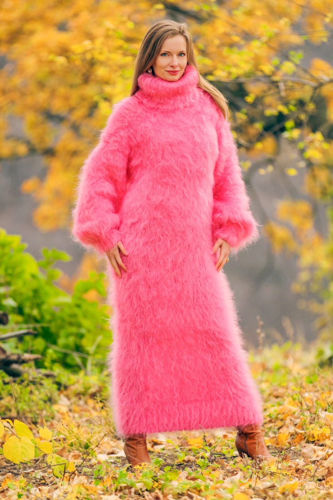 Fuzzy pink long mohair dress designer warm fluffy hand knit gown SuperTanya L-XL