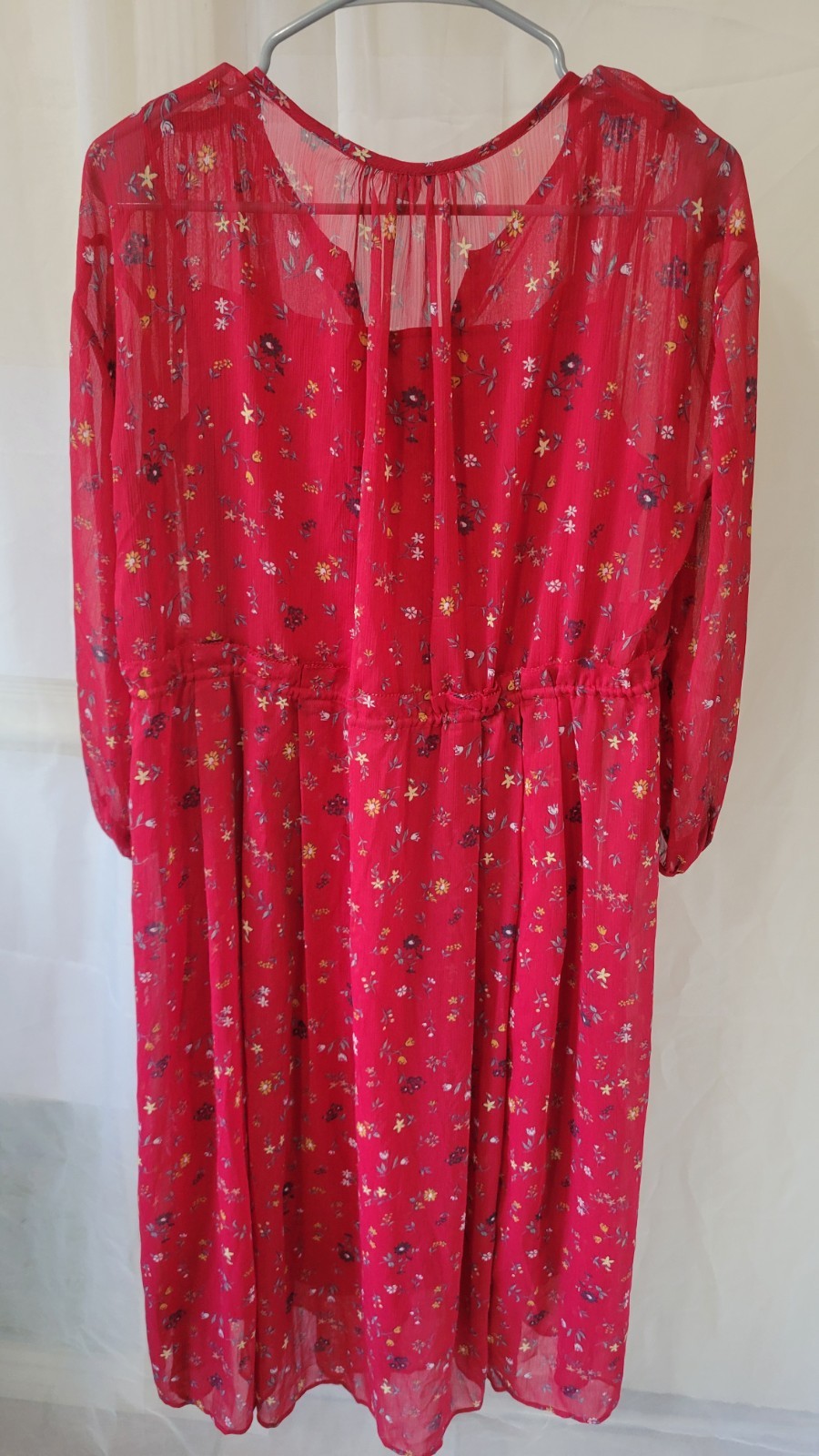 Uniqlo Sheer Women Drawstring Waist Button Down Red Floral Boho Midi Dress, sz M