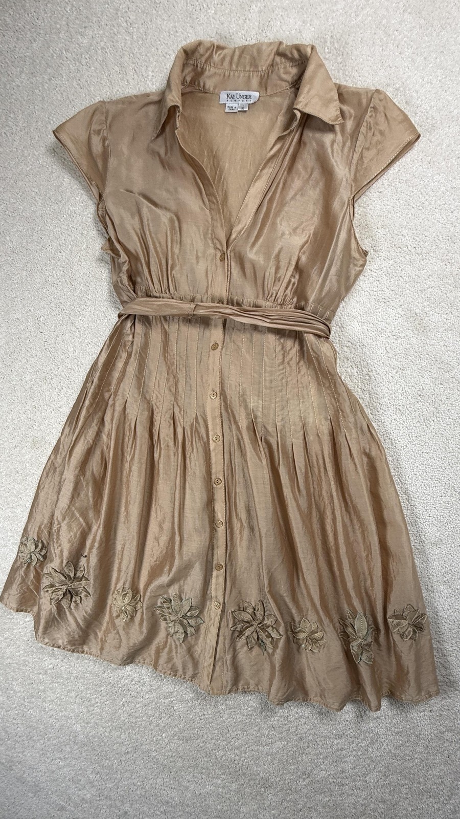 Vintage Kay Unger Dress Women 16 Gold Silk Shirt Fit Flare Floral Applique
