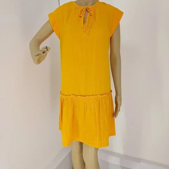 LOFT ORANGE CAP SLEEVE SPLIT NECKLINE CASUAL FLOUNCE DRESS SZ: S NWT 100% COTTON