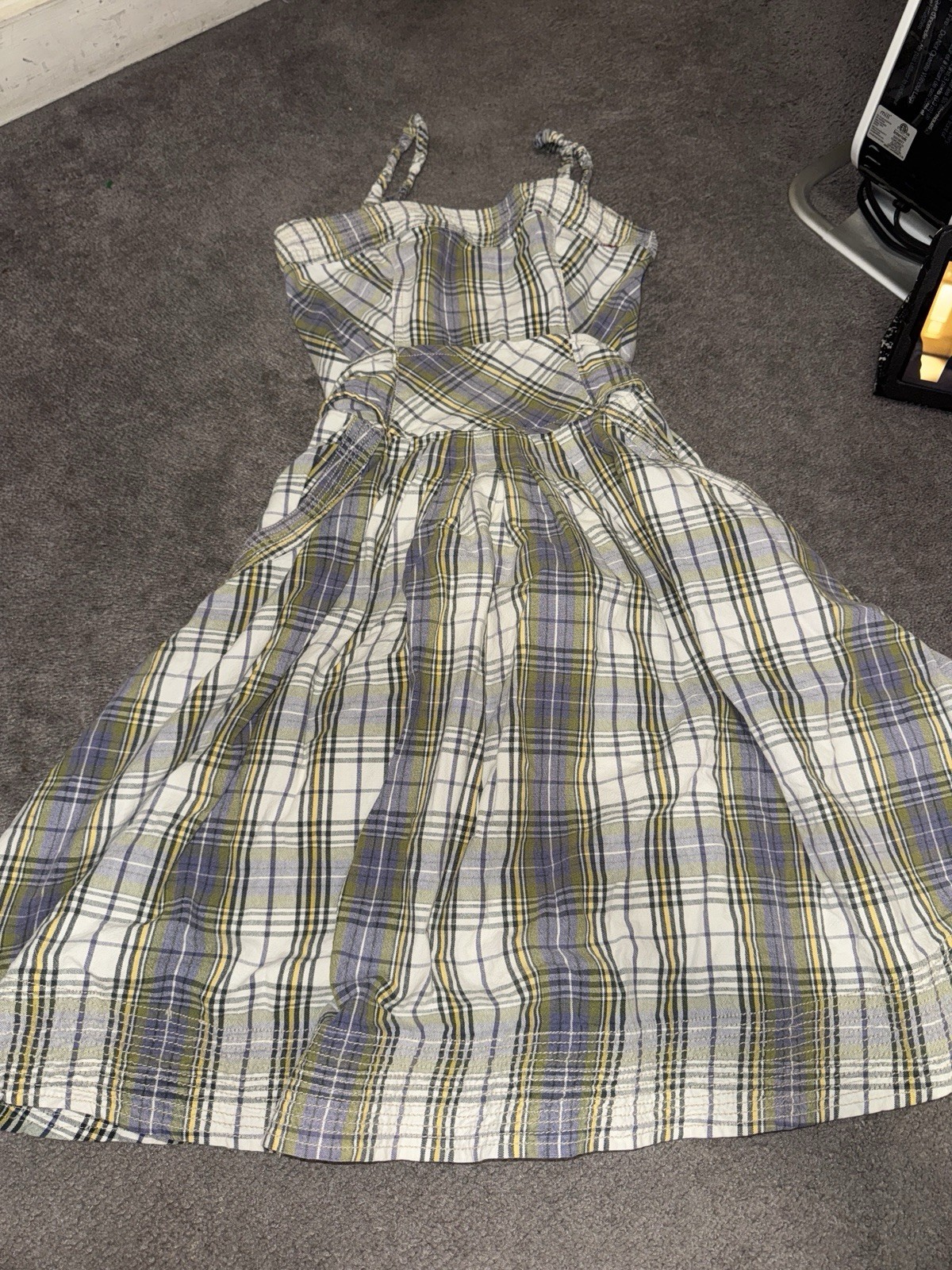 Free People White Purple Green Plaid A Line Flare Tie Back Dress Size 4