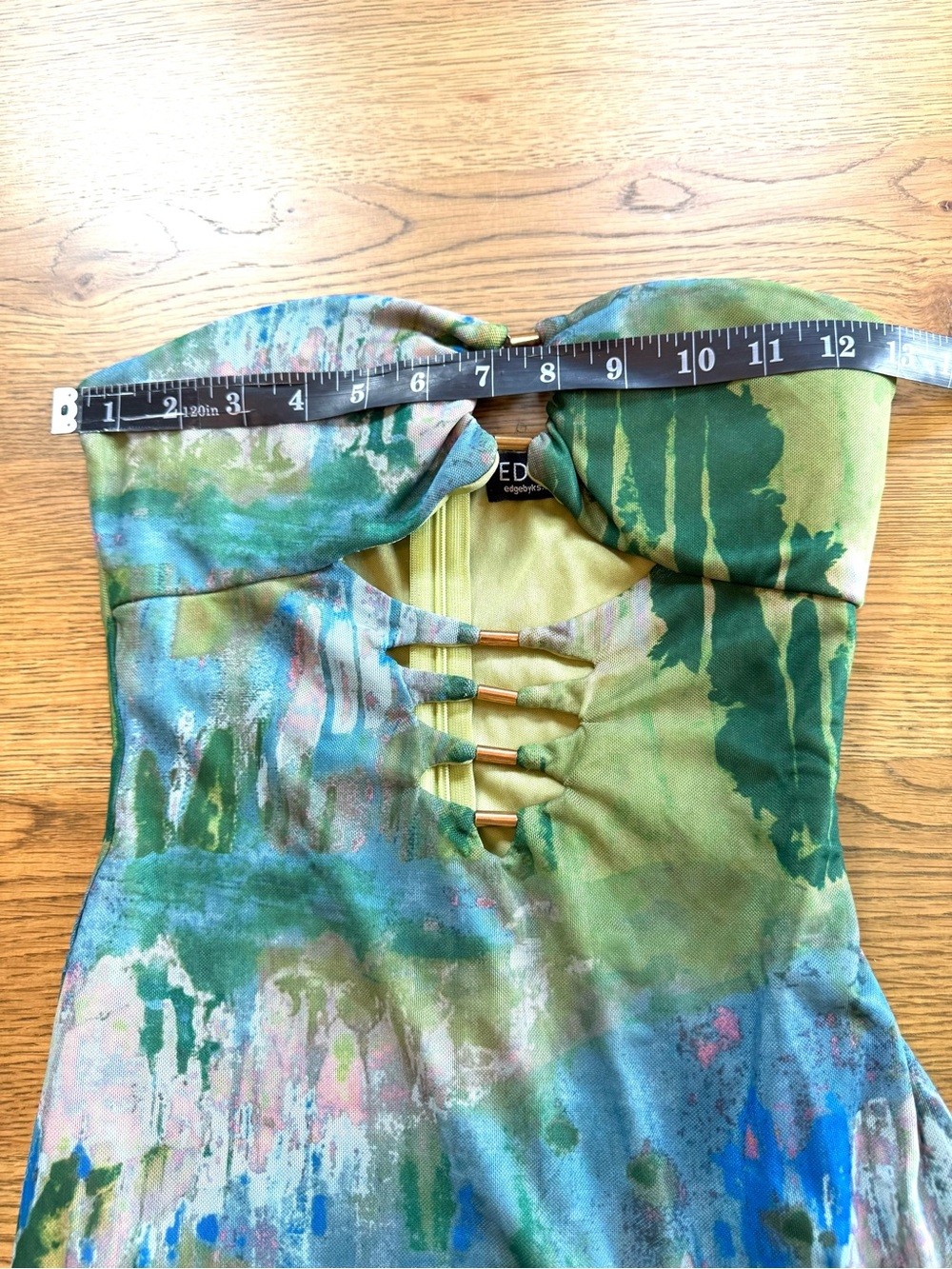 Edge Strapless Maxi Dress Abstract Green Blue Print Ruffle Slit Size S