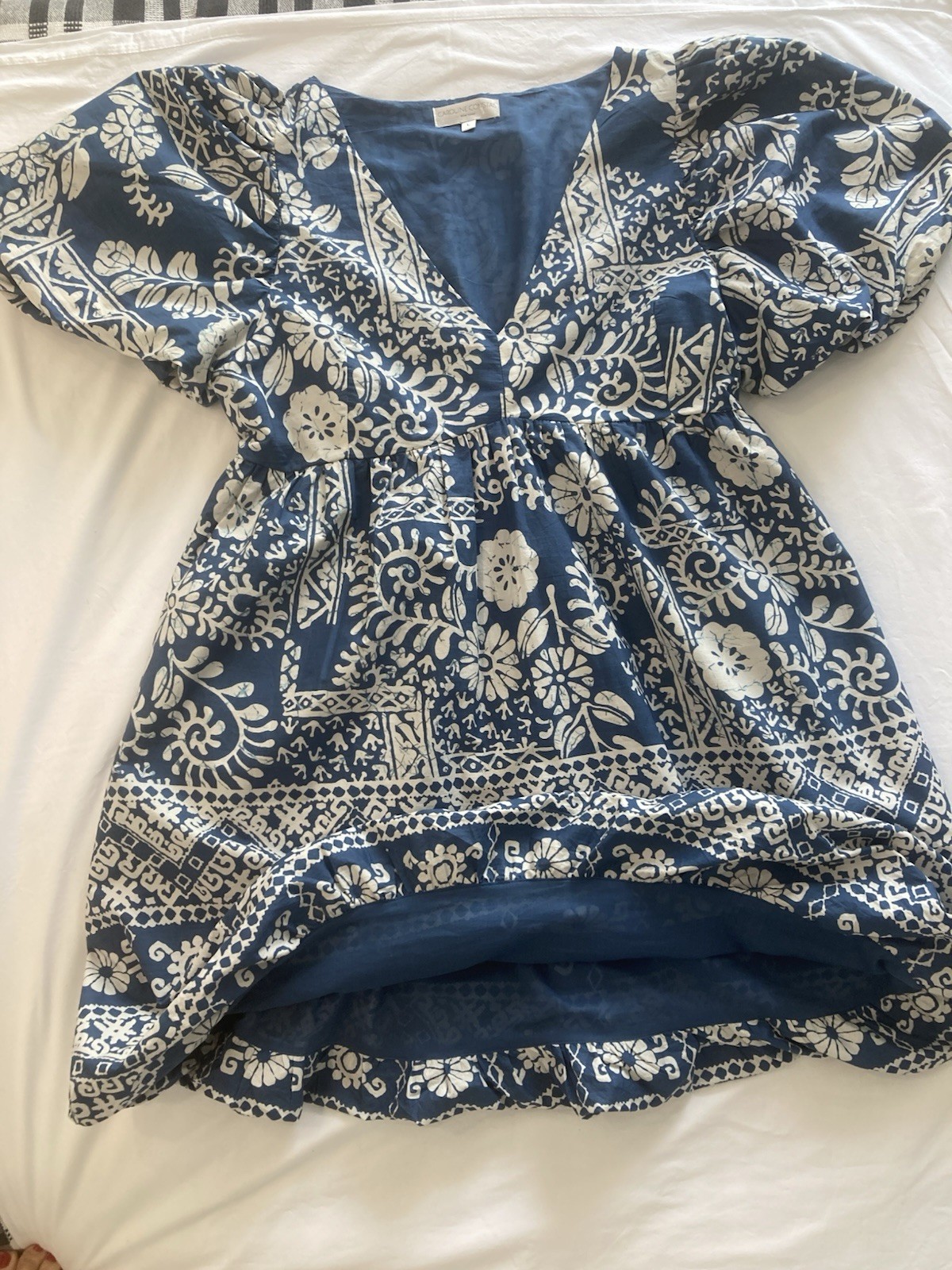 NWOT Caroline Constas Blue White Babydoll Puff Sleeve V-Neck Cotton Dress Sz L