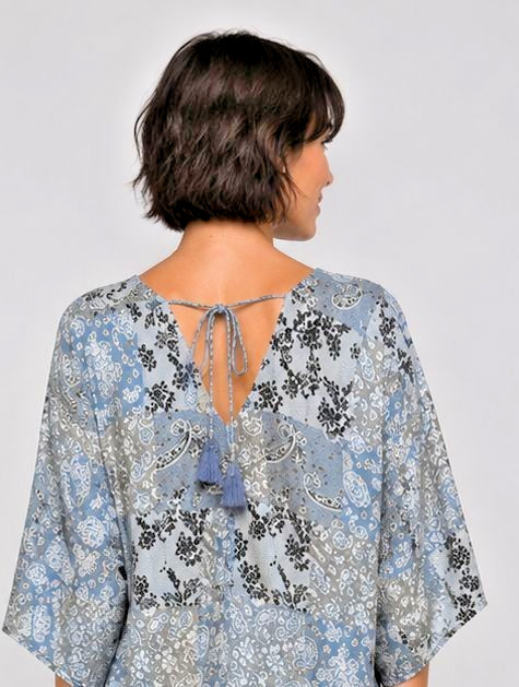 New GIGIO Size L 12 14 Patchwork Print Twist V Neck Midi Dress Back Tassel Tie