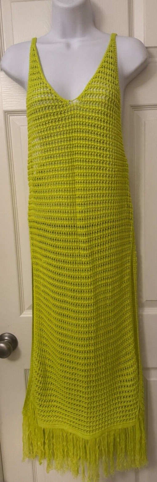 Women’s Lime Green Crochet Knit Sleeveless Cover Up Maxi Tank Dress Size S/M New