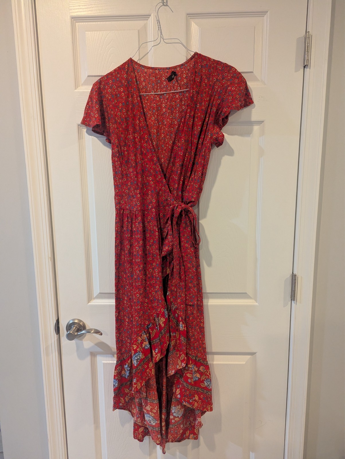 Fourth of July Red White and Blue Zesica Red Floral Summer Maxi wrap dress